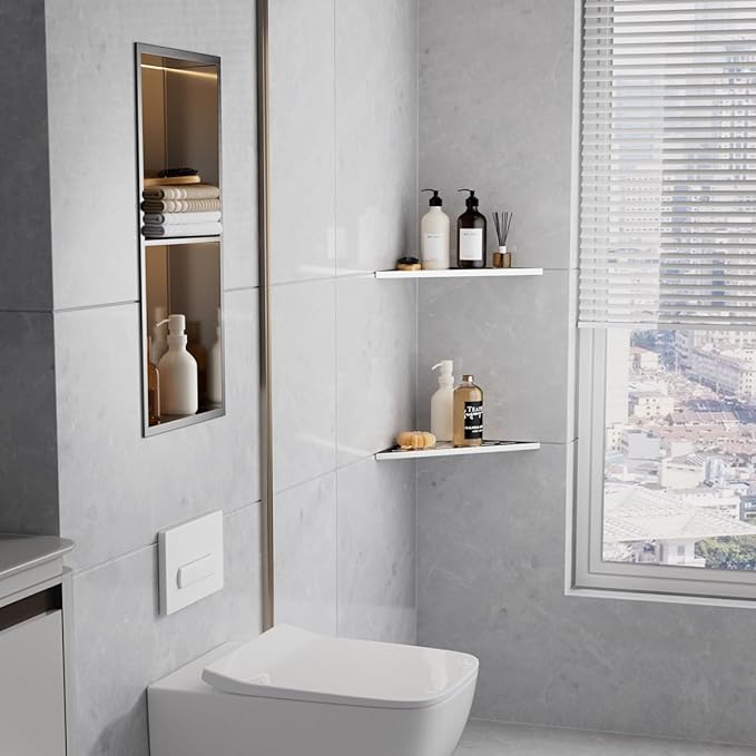 2-Pack 10" Wall Mounted Corner Shower Shelf - No Drilling Recessed Bathroom Shelves, Triangular Shower Caddy Organizer, Rustproof Stainless Steel Shower Shelves for Tiled Walls(Brushed)