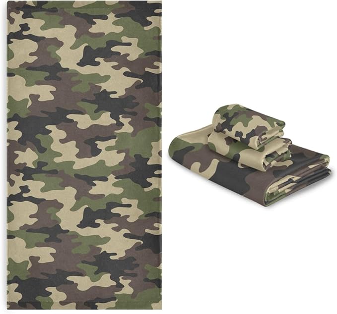 3 Piece Military Camouflage Bath Towel Set,Microfiber Decorative Green Black Army Camo Hunting Themed Bathroom Towels,1 Bath Towel 1 Hand Towel for Bathroom Kitchen,1 Washcloth for Face