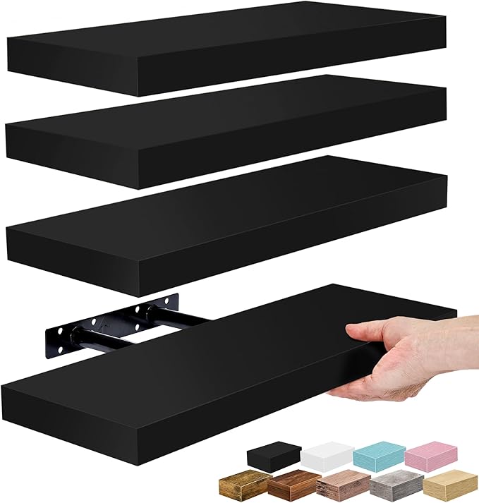 Floating Shelves for Wall – 16 Inch Floating Shelf for Kitchen, Bedroom, Living Room, Bathroom, Home & Wall Decor - Mounted Bathroom Shelves with Invisible Brackets (Black, 4 Pack)