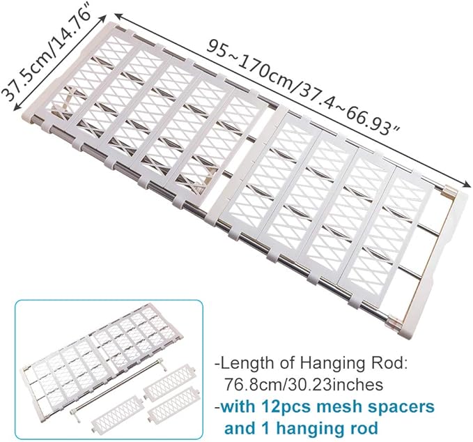 BAOYOUNI Closet Expandable Shelf Rod Clothes Storage Rack Holder Wardrobe Hanger Dividers with 12 Mesh Spacers and 1 Hanging Rod, 37.4-66.93 in