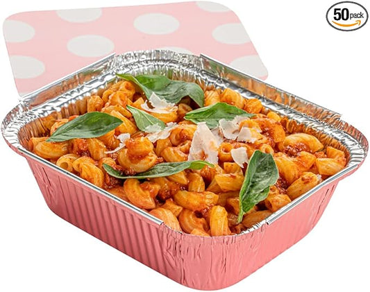 Restaurantware 12 Ounce Disposable Takeout Containers 50 Rectangle Food Containers - With Polka Dot Lids Pink Takeaway Containers Aluminum Delivery Containers Freezable