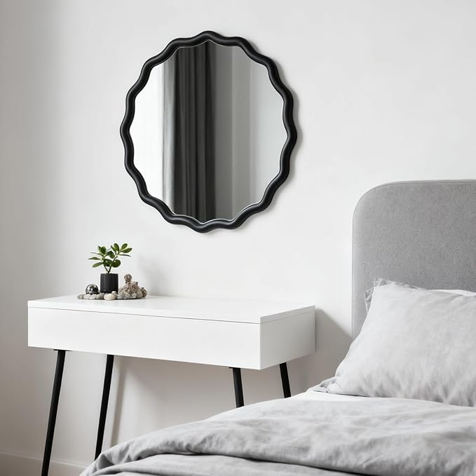 Circle Scalloped Mirror for Wall,32" Round Wavy Wooden Frame Vanity Mirror Hanging for Bedroom, Living Room, Hallway, Entryway, Home Decor Black