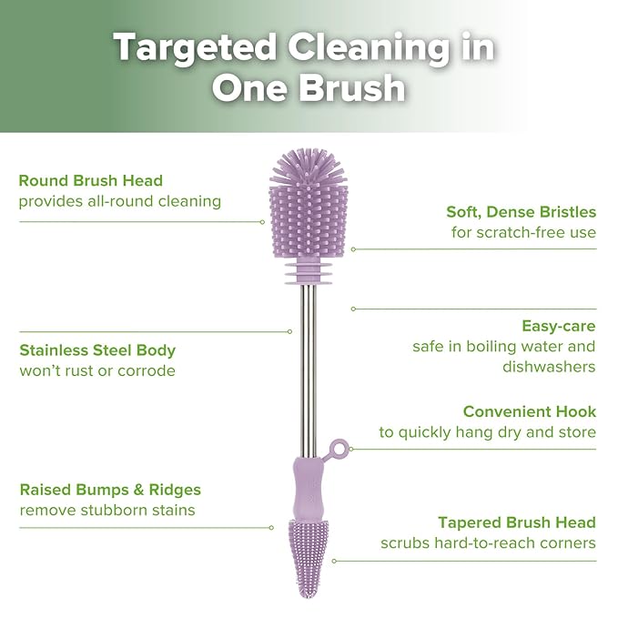 Cleaning Brush Silicone Bottle Brush Double-Ended Soft Silicone Bristles for Breast Pumps, Breast Milk Collectors, Baby Bottles, Teats, Breastmilk Storage Bags, Lavender -1pk