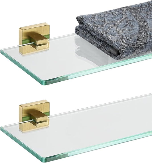 JQK Bathroom Glass Shelf, Floating Tempered Glass Shower Storage 20 by 5 inches, 304 Stainless Steel Brushed Gold Wall Mount 2 Pack 2 Pack, TGS201L20-BG-P2