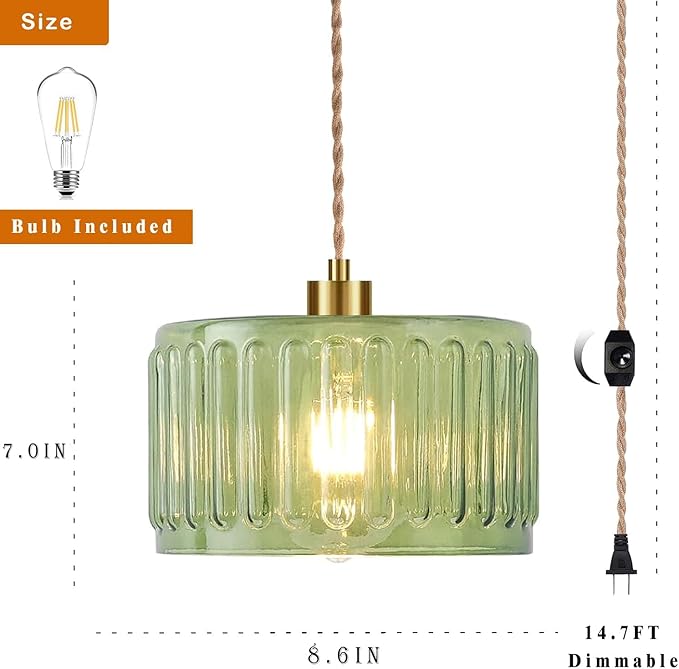 Plug in Pendant Light Hanging Lights with Plug in Cord Boho Hanging Lamp Glass Gold Mid Century Modern Vintage Dimmable Green Flower Plug in Chandelier Ceiling Fixture for Living Room,Kitchen