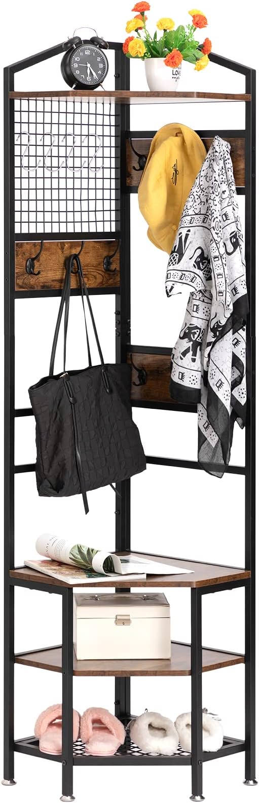 DOEWORKS 4-Tier Corner Industrial Hall Tree, Freestanding Entryway Coat Storage Rack with Hooks and Wooden Storage Shelves, Black