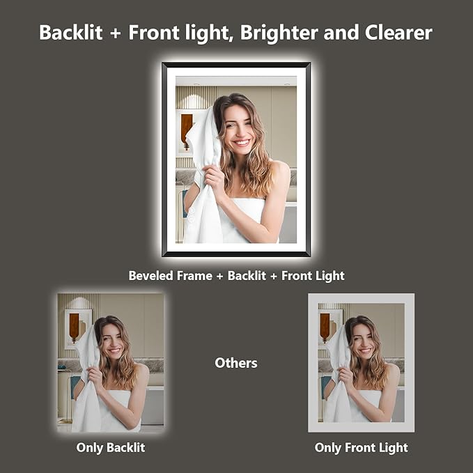 36x30 Black Framed LED Bathroom Mirror with Lights, Backlit and Front Light, Lighted Bathroom Vanity Mirror for Wall Dimmable Anti-Fog Memory Tempered Glass Horizontal/Vertical