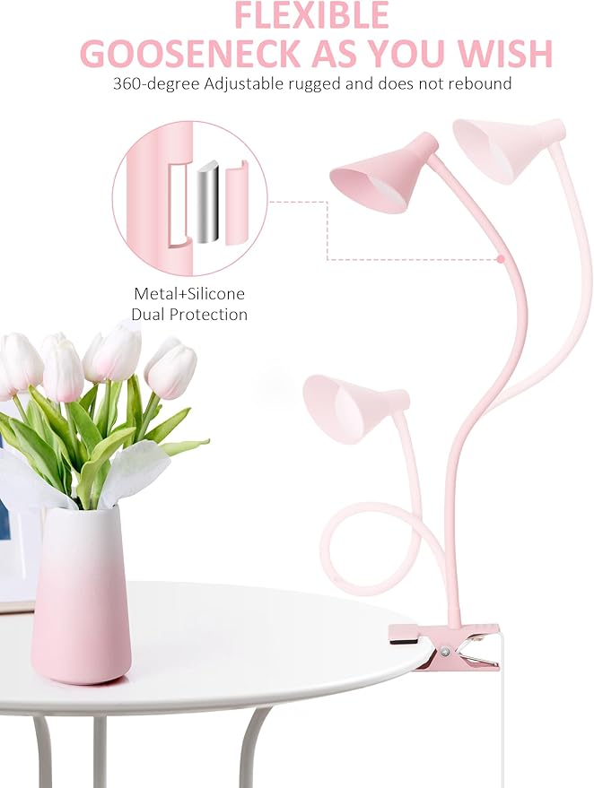 Pink Small Desk Lamp Clip on LED Reading Light for Bed, 3 Color Modes 10 Dimmable Brightness, Book in Bed Headboard, Flexible Neck Clamp BL08