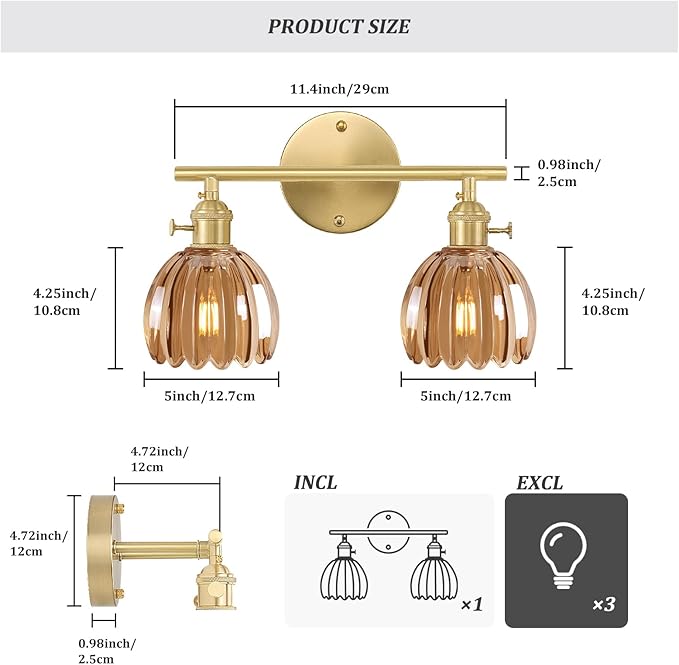 Bathroom Light Fixtures, 2-Light Brass Vanity Wall Light Over Mirror with Amber Tulip Glass Shade for Bedroom Living Room (Bulb Not Included)