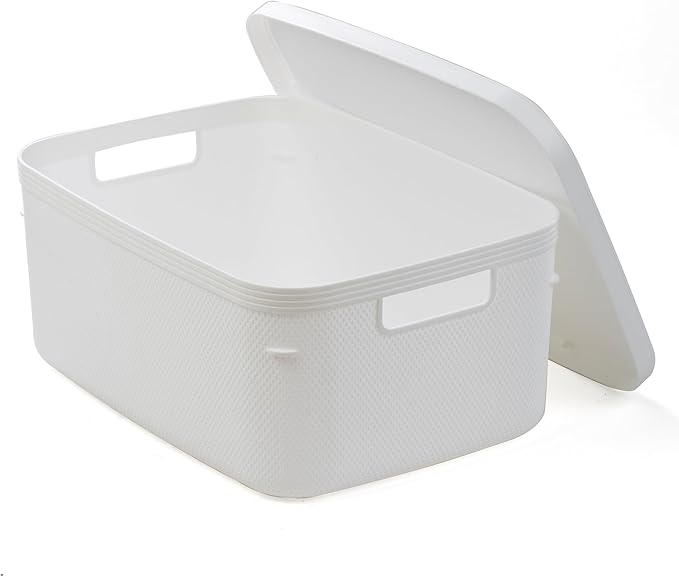 BINO | Plastic Storage Bins with Lids, 13 Liter - 3 Pack, White | THE TWILL COLLECTION | Plastic Bins for Organization | Woven Storage Baskets for Organizing | Pantry Shelf Organizer Basket Bin