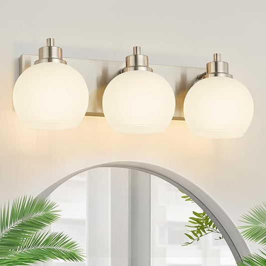 Tuscarora Bathroom Light Fixtures, Brushed Nickel Vanity Light 3 Light with Milk Glass Shade, Over Mirror Lighting for Bathroom
