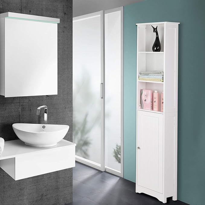FCH 67" Tall Bathroom Cabinet, Slim Floor Cabinet White Narrow Storage Organizer with Adjustable Shelves, Space Saving Pantry Utility Storage