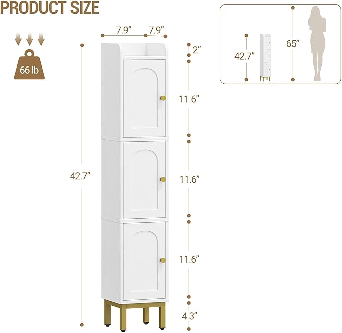 Slim Bathroom Storage Cabinet, Narrow Bathroom Organizers and Storage with 4 Adjustable Feet, Laundry Room Organization for Small Space, Kitchen, Living Room, 3 Doors White BC22313G