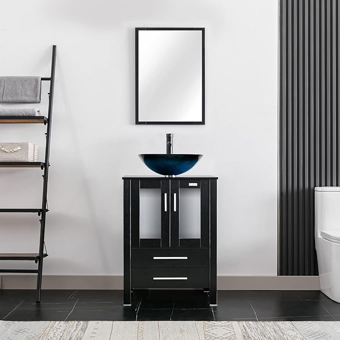 eclife 24" Modern Bathroom Vanity Sink Combo Freestanding Cabinet with Soft Closing Door, Turquoise Square Glass Vessel Sink, Water Save Faucet, Drain (Black+A10)
