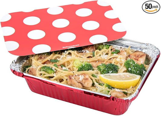 Restaurantware 16 Ounce Disposable Takeout Containers 50 Rectangle Food Containers - With Polka Dot Lids Red Takeaway Containers Aluminum Delivery Containers Freezable