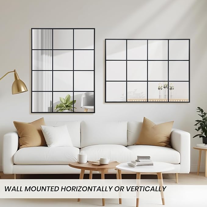 Windowpane Wall Mirror 30"x48" Black Wall Mounted Art Pane Mirror Farmhouse Decorative Mirror Leaning Hanging Wall Mirror for Bedroom Living Room Entrance Hallway Wall Decor