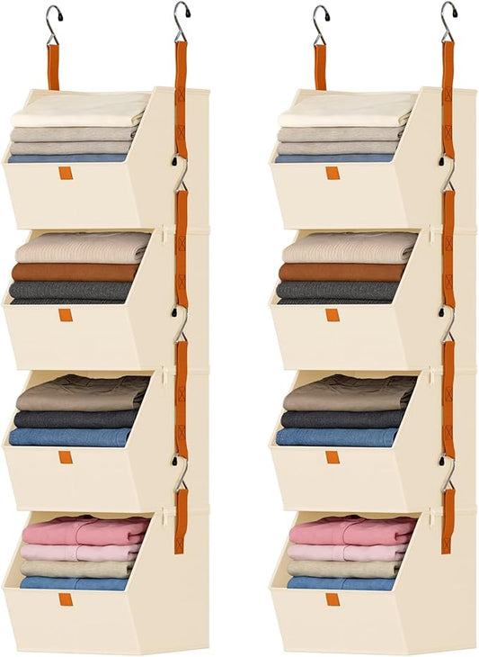 DIMJ Hanging Closet Organizer - 4 Tier Collapsible Hanging Shelves with Hooks Zipper, Fabric Clothes Organizer, Space-Saving Storage Bin Basket for RV, Bedroom, Laundry Organization
