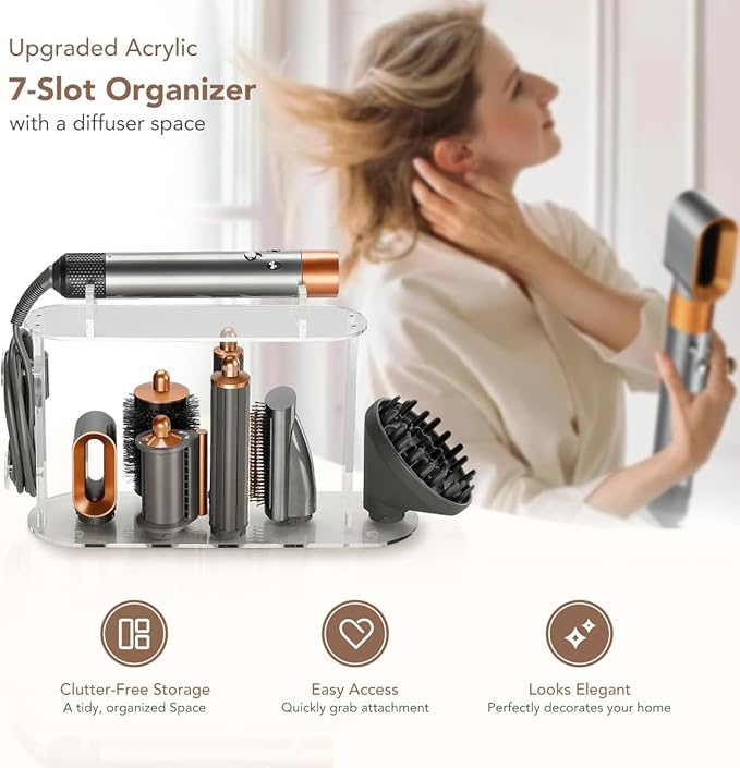 7-Hole Storage Holder for Dyson Airwrap – Upgraded Acrylic Stand Organizer for Long Barrels & Diffuser Nozzles, Countertop Holder for Airwrap Styler Accessories for Bathroom Vanity Makeup Table