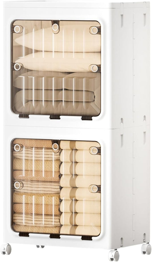 JEKO&JEKO 214 Qt Expanded Bathroom Storage Cabinet, 2-Tier Tall Cabinet Organizer with Wheels, Foldable Plastic Storage Bin for Kitchen, Laundry Room or Home, White