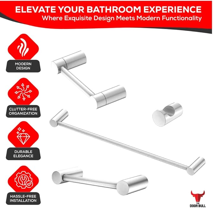 Contemporary Design 4-Piece Bathroom Hardware Accessory Set, Bathset 24 Inch Towel Bar, Hand Towel Bar, Toilet Paper Holder and Robe Hook, Rack Set Wall Mounted (Chrome, 4 Piece Set)