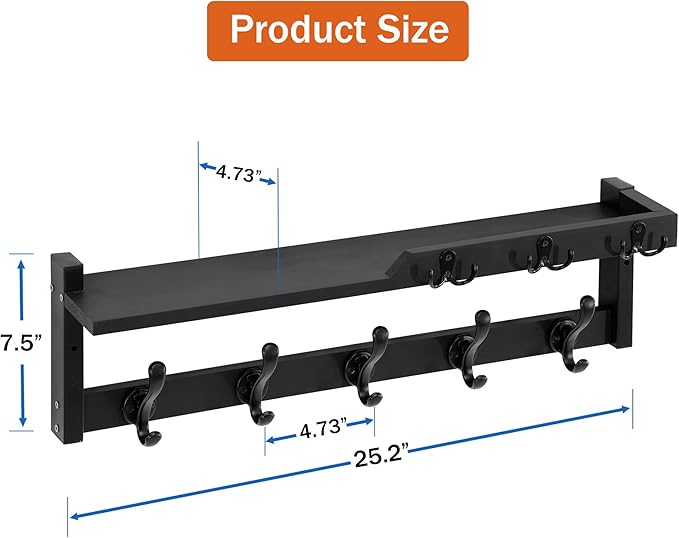 4 in 1 Coat Rack Wall Mount with Shelf, Coat Hooks 25.2" Entryway Coat Hanger with Key Hooks and Mail Holder, Wall Hooks with Shelf, Hat Rack for Wall Key Holder Mail Organizer