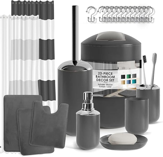 Clara Clark Bathroom Set - Gray Bathroom Accessories Set, Bathroom Sets with Shower Curtain and Rugs, 23PC Shower Curtain Set with Liner, Soap Dispenser, Soap Dish, Toilet Brush Holder, and Trash Can