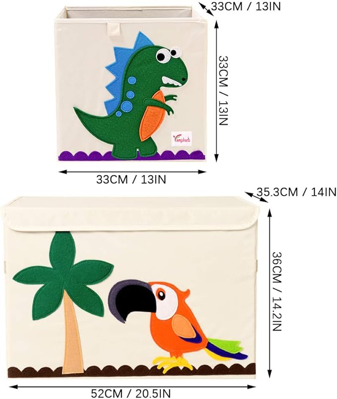 2 Pcs Foldable Animal Toy Storage Box/Bin/Cube, Collapsible Storage Organizer Chest Basket Container for Boys and Girls(13 x 13 x 13 Inch, Dinosaur & Pink Elephant)