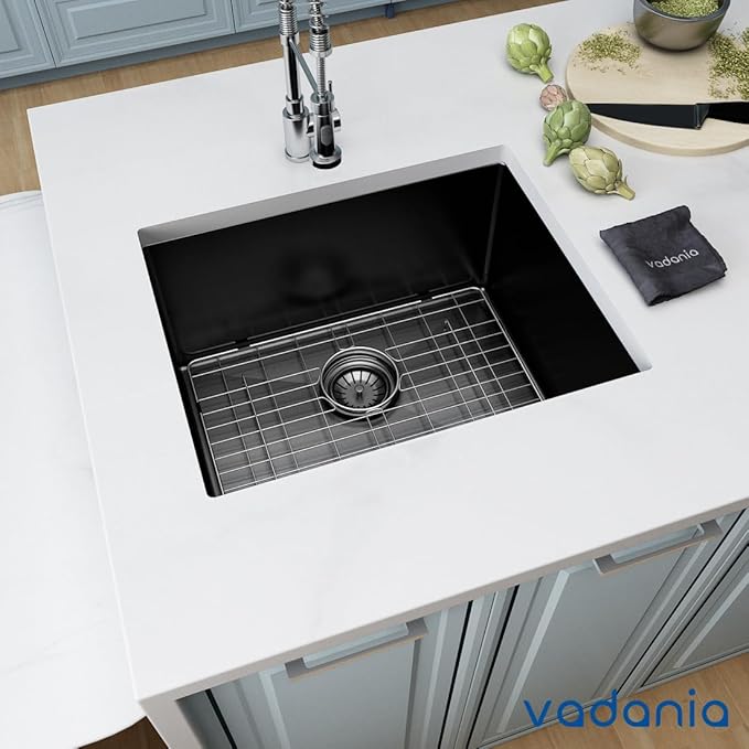 VADANIA 22-inch Kitchen Bar Sink, Black-plated Finish, 22"x18"x10", Single Bowl, Undermount, 18 Gauge T304 Stainless Steel, with Strainer & Bottom Grid, cUPC listed