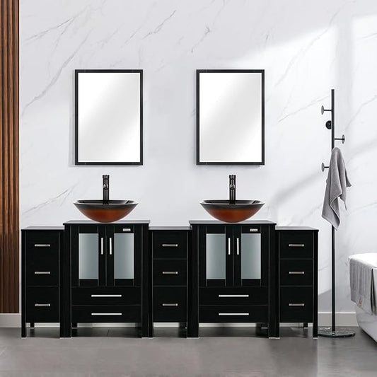 eclife 84" Modern Bathroom Vanity Sink Combo Freestanding Cabinet with Small Side Cabinet, Brown Square Glass Vessel Sink, Water Save Faucet, Drain (Black+A48)