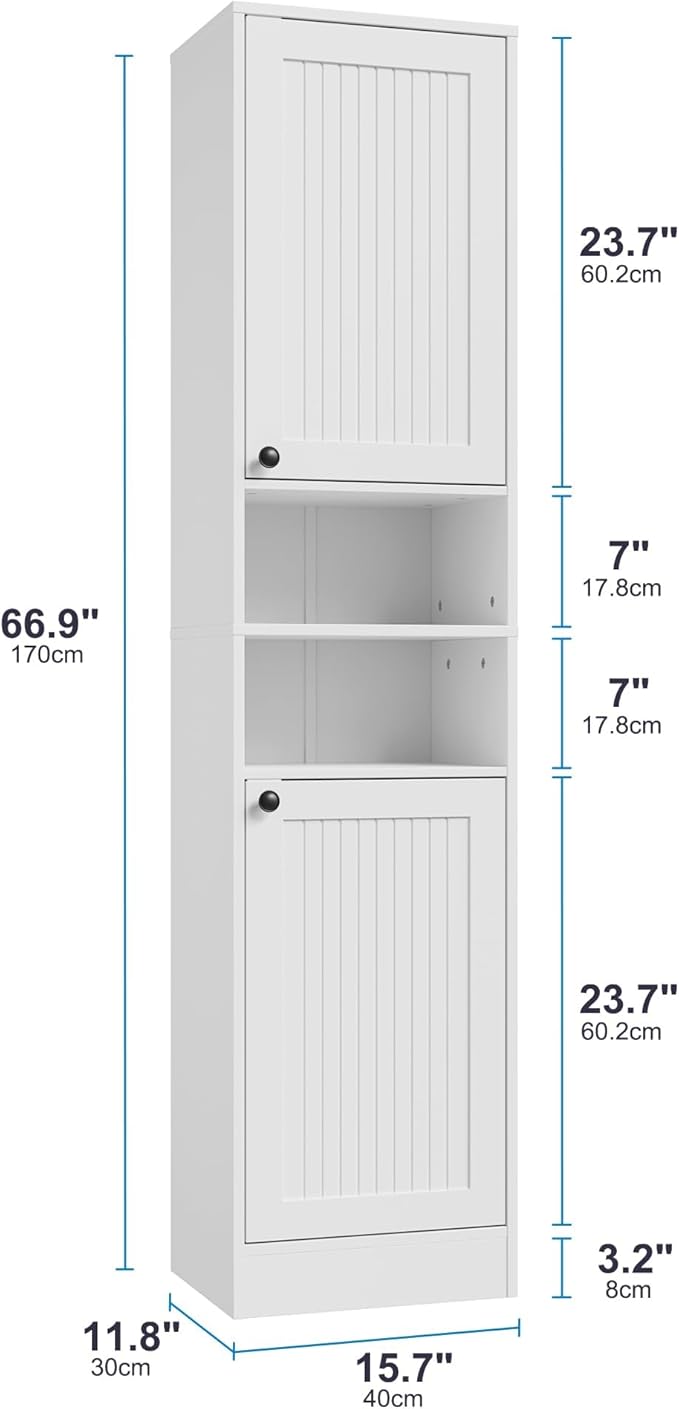 Farmhouse Bathroom Cabinet with 2 Doors, 67" Tall Slim Freestanding Cabinet, Narrow Floor Storage Unit with Open Shelf and Adjustable Shelves for Bathroom, Living Room, Kitchen, White