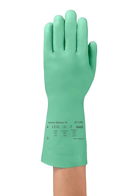 Ansell AlphaTec Solvex 37-175 Flocked Chemical-Resistant Gloves for Cleaning, Agriculture, Food, Mechanics, Oil - XL, Green (3 Pairs)