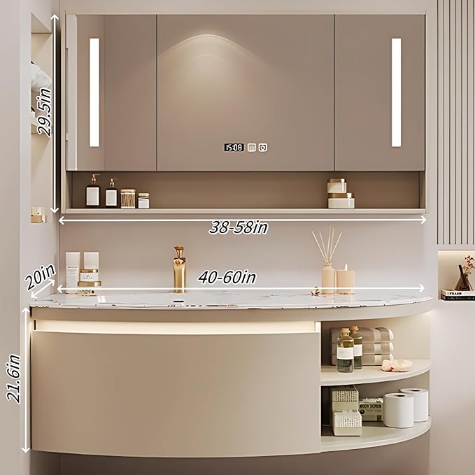 60IN Floating Bathroom Vanity, Wall Mounted Wood Sink Cabinet with Smart Sensor LED Light Strip & Open Style Side Cabinet | LED Lights & Defogging Function, Single Sink Vanities Set (Beige)