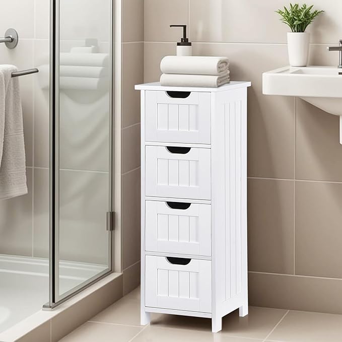 ZENY Bathroom Floor Storage Cabinet with 4 Drawers for Bedroom, Bathroom, Hallway, Narrow Toilet Paper Cabinet, Freestanding (White)