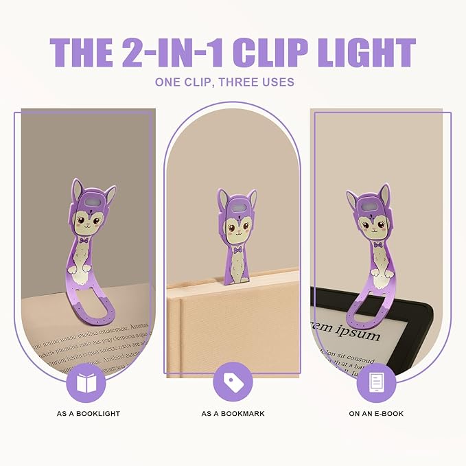 Rechargeable Kids Book Light, Cute Bookmark Reading Light for Kids, Dimmable Portable LED Book Light for Reading in Bed, Eye-Caring Bedtime Reading Lamp for Children & Travel, Purple