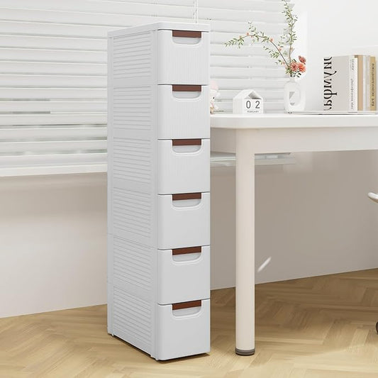 POWERSTONE 6-Drawer Plastic Rolling Storage Cabinet, Narrow Organizer Cart with 4 Wheels, Space-Saving Slim Mobile Utility Cart for Bedroom, Bathroom, Office & Classroom