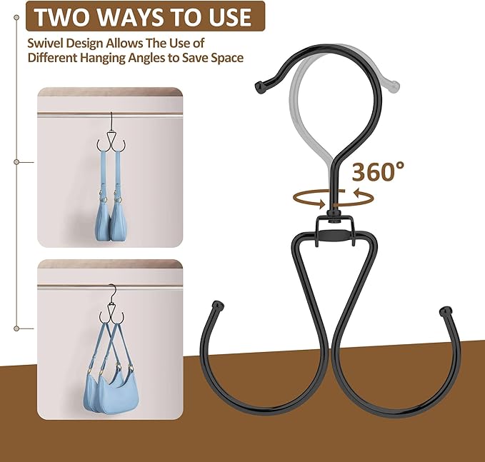 ZEDODIER 6 Pack Purse Hanger Bag Organizer for Closet, Heavy Duty Rotatable Purse Holder with 12 Storage Capacity, Bag Storage Rack for Purses Bags Backpacks, Black