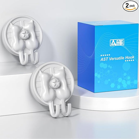 AST Cute Double-Cat Suction Cup Hook, 2 Pack, Heavy Duty Hooks, Upgraded Reliable Force of Both Adhesion and Vacuum, Wall Holders for Loofah, Towel, Coat and Bath Robe, Waterproof Hanger, Matte White