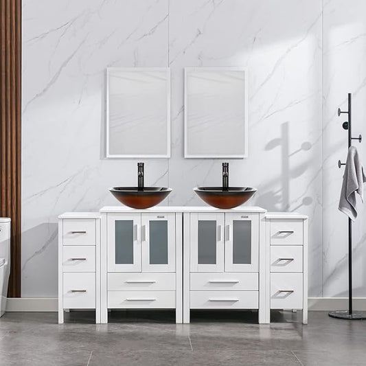 eclife 72" Modern Bathroom Vanity Sink Combo Freestanding Cabinet with Small Side Cabinet, Brown Square Glass Vessel Sink, Water Save Faucet, Drain (White+A48)