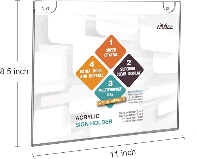 NIUBEE 30-Packs Acrylic Wall Sign Holder 8.5x11 Horizontal, Clear Plastic Picture Frames , Wall Mounted Design.