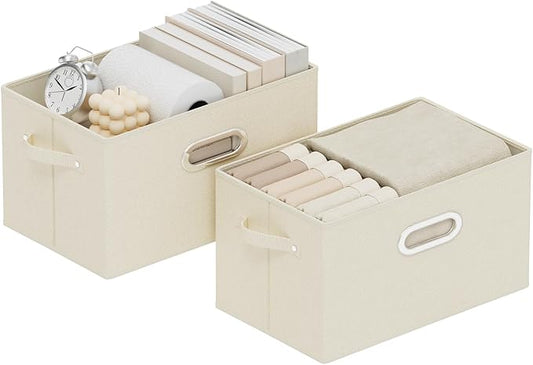 Foldable Cloth Basket with 4 Handles, Decorative Open Storage Boxes, Stackable Cube Organization, Fabric Bins for Shelves, Closet, Living Room, 13x9.1x7.9in, Beige, 2 Pack