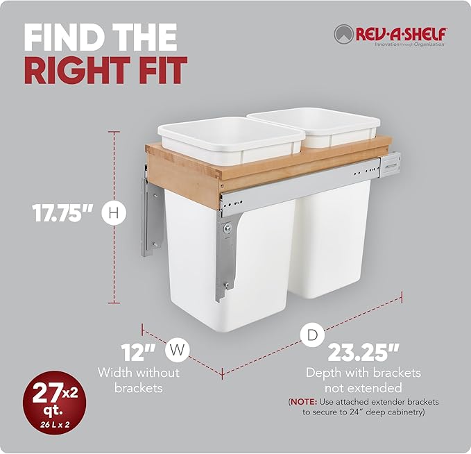 Rev-A-Shelf Top Mount Double Pullout Under Cabinet 27 Quart Kitchen Trash Cans with 150 Pound Rated Full-Extension Slides, 4WCTM-15DM2