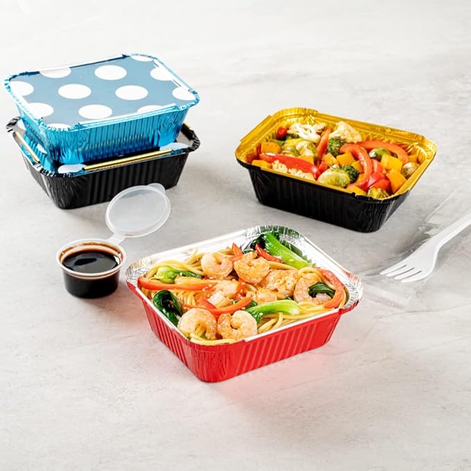 Restaurantware 12 Ounce Disposable Takeout Containers 50 Rectangle Food Containers - With Polka Dot Lids Red Takeaway Containers Aluminum Delivery Containers Freezable