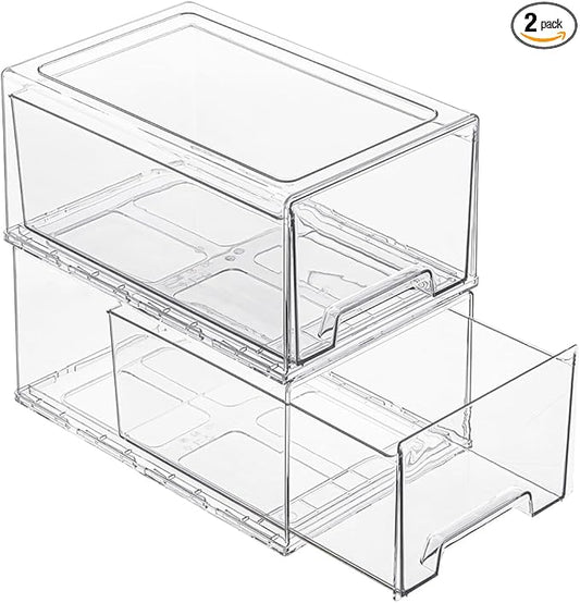 PeJeyiee 2 Pack Stackable Pull-Out Storage Drawers，Plastic Clear Organizer Bins with Handles，Easily Clean for Craft, and Toy Organization，Kitchen Undersink，Cabinet，Fridge，Closet，Pantry，Office，Bathroom