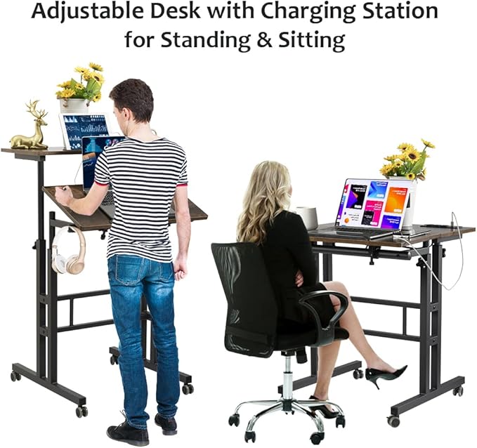 Hadulcet Mobile Standing Desk with Wheels, Rolling Desk Adjustable Height, Portable Laptop Table with Charging Station, Sit Stand up for Home Office, Study, Classroom, Rustic Brown