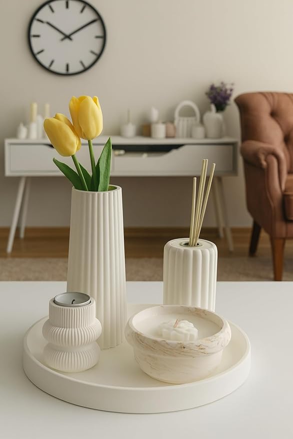 Decorative Concrete Set - Vase, Candle Holder, Room Freshener, and Tray, Minimalist Home Accessories, White - White, One Size