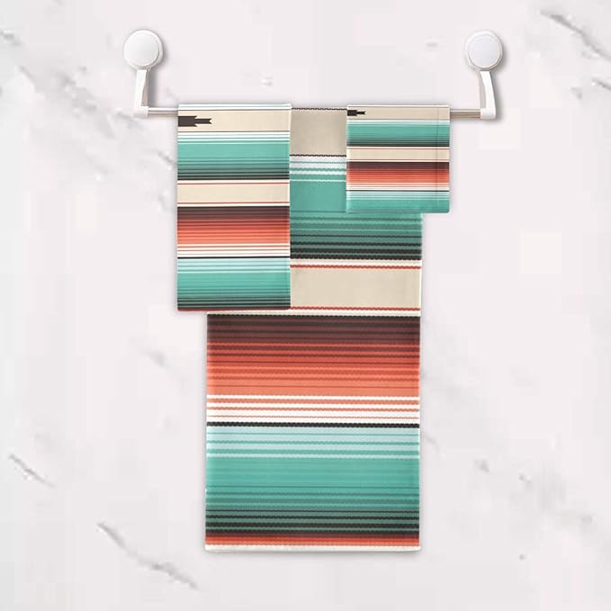 3 Piece Mexican Serape Bath Towel Set,Microfiber Decorative Turquoise Navajo Ethnic Colorful Striped Mexican Bathroom Towels,1 Bath Towel 1 Hand Towel for Bathroom Kitchen,1 Washcloth for Face