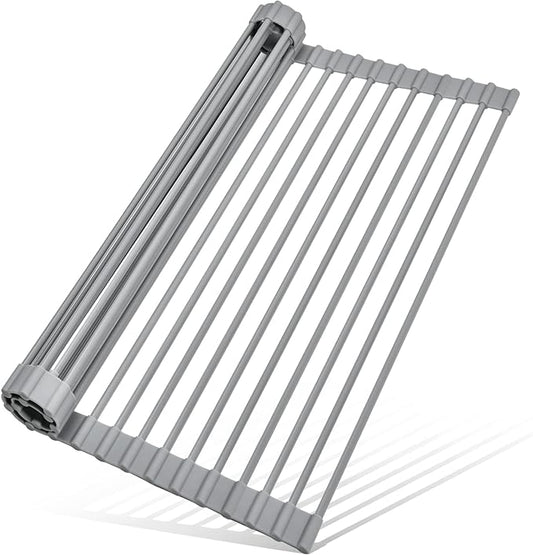 MERRYBOX Roll Up Dish Drying Rack, Over The Sink Dish Rack Foldable, Heat-Resistant, Anti-Slip Silicone Coated Steel Dish Drainer for Kitchen Sink, Multipurpose Roll Up Sink Drying Rack, 17.5" x 13"