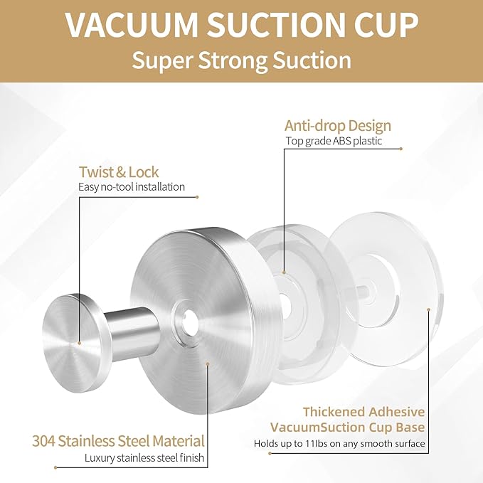 Suction Cup Hooks for Shower, Heavy Duty Towel Hooks for Walls No Damage, Modern Shower Suction Hooks for Kitchen Bathroom Wall, Glass, Mirror, Tile, Hanging Towels Robes, Brushed Nickel (2 Pack)