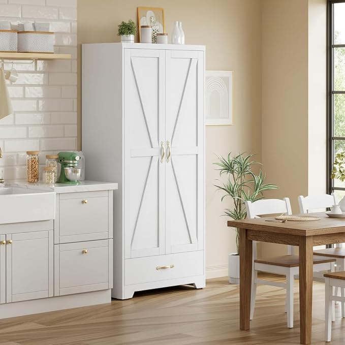 DWVO 62" Pantry Cabinet with Doors and Shelves, Metal Kitchen Storage Cabinet with Magnetic Door & Adjustable Shelves, Farmhouse Tall Cabinet for Dining Room, Kitchen, White