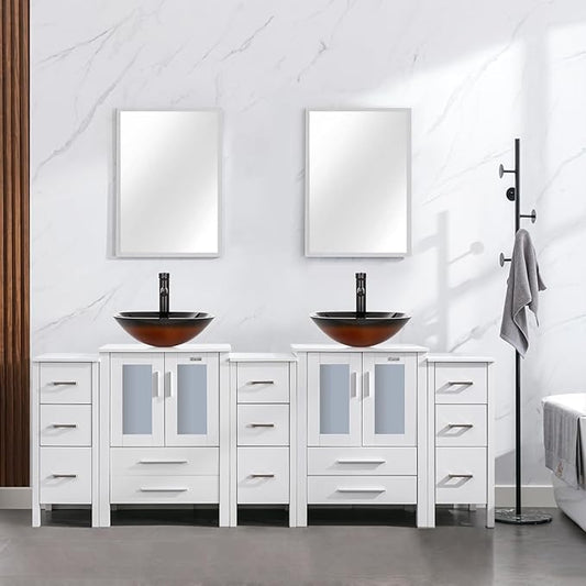 eclife 84" Modern Bathroom Vanity Sink Combo Freestanding Cabinet with Small Side Cabinet, Brown Square Glass Vessel Sink, Water Save Faucet, Drain (White+A48)